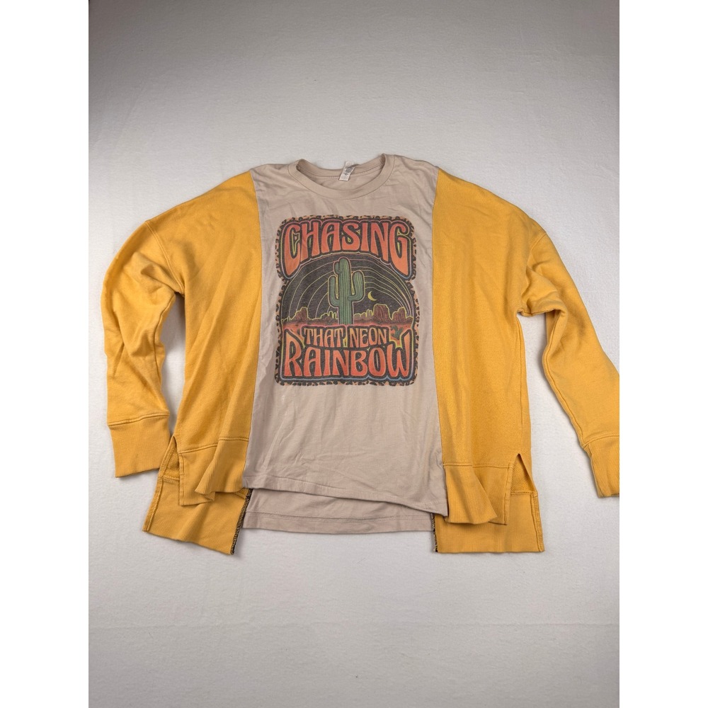 Bella Canvas Chasing That Neon Rainbow Graphic Sweatshirt Yellow Tan Womens M - Picture 1 of 7